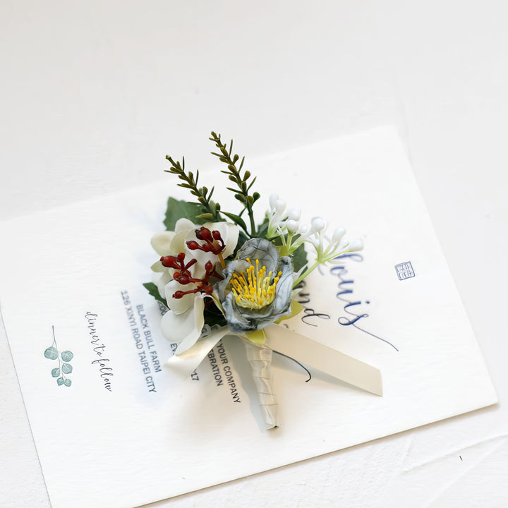 Elegant Silk Floral Wedding Boutonniere In Dusty Blue