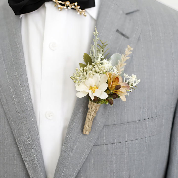 Dusty Rose And Ivory Boutonniere With Daisies & Baby's Breath