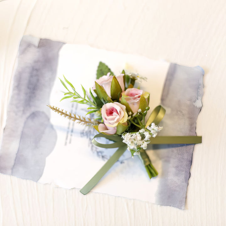 Elegant Bridal Corsage with Roses and Baby's Breath In Dusty Pink