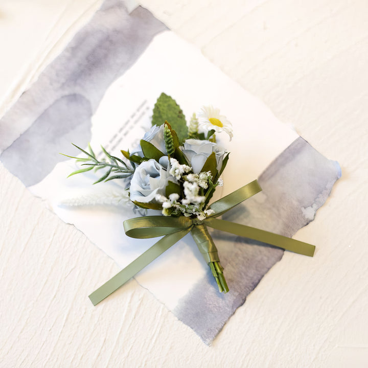 Elegant Bridal Corsage with Roses and Baby's Breath In Dusty Blue