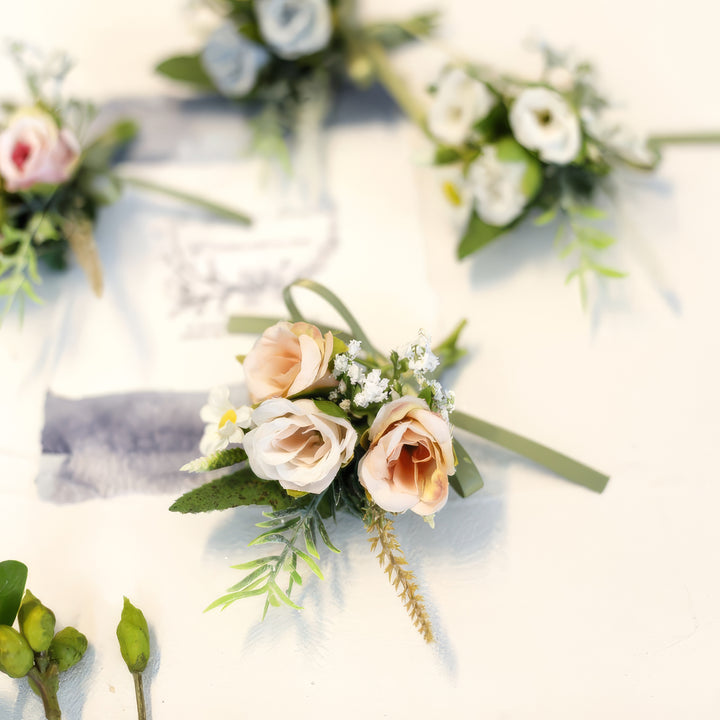 Elegant Bridal Corsage with Roses and Baby's Breath In Dusty Pink