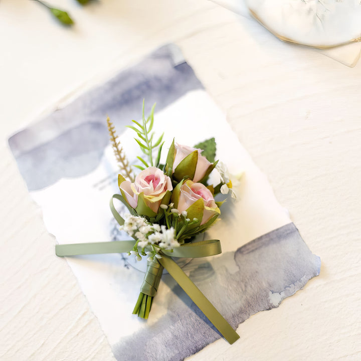 Elegant Bridal Corsage with Roses and Baby's Breath In Dusty Pink