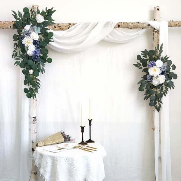 Dusty Blue and White Flower Wedding Arch Decor (6 x 9ft) with Drapes