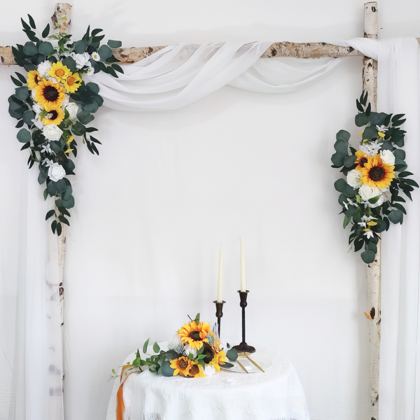 Sunflowers and White Roses Wedding Arch Decor (6 x 9ft) with Drapes