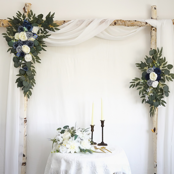 Navy Dusty Blue and Ivory Roses Wedding Arch Decor (6 x 9ft) with Drapes