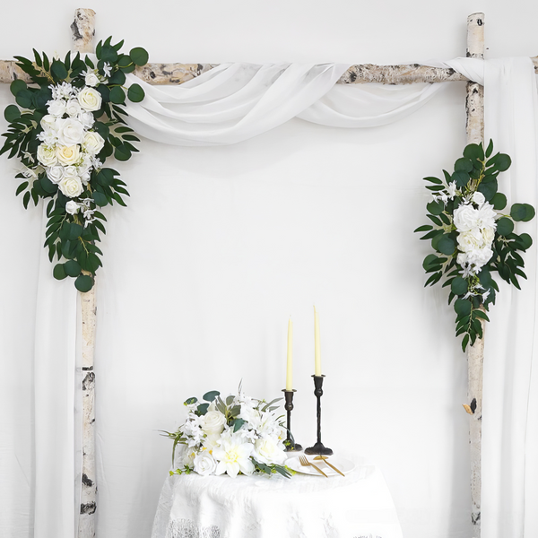 White & Ivory Roses Wedding Arch Decor (6 x 9ft) with Drapes