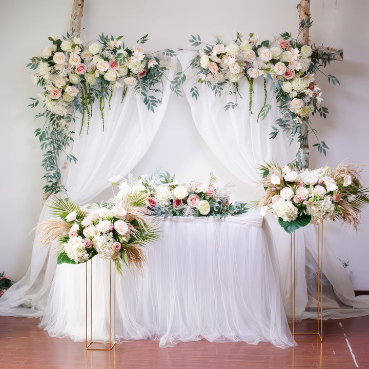 Soft Blush & Ivory Wedding Arch Decor With Silk Roses & Drape