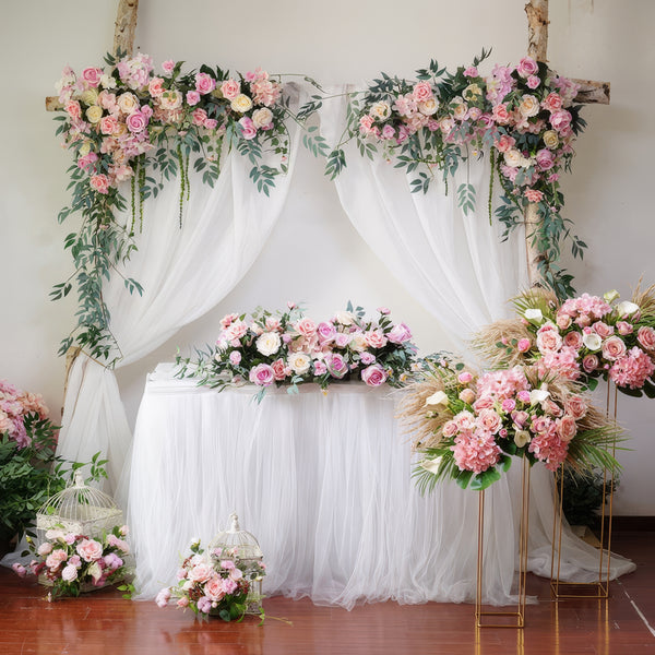 Soft Pink & Blush Wedding Arch Decor With Silk Roses & Drape