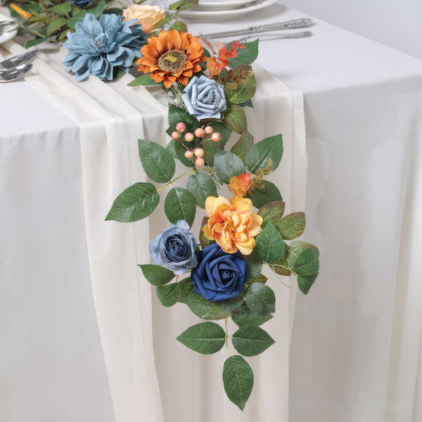 6ft Head Table Flower Garland In Dusty Blue & Sunset Terracotta