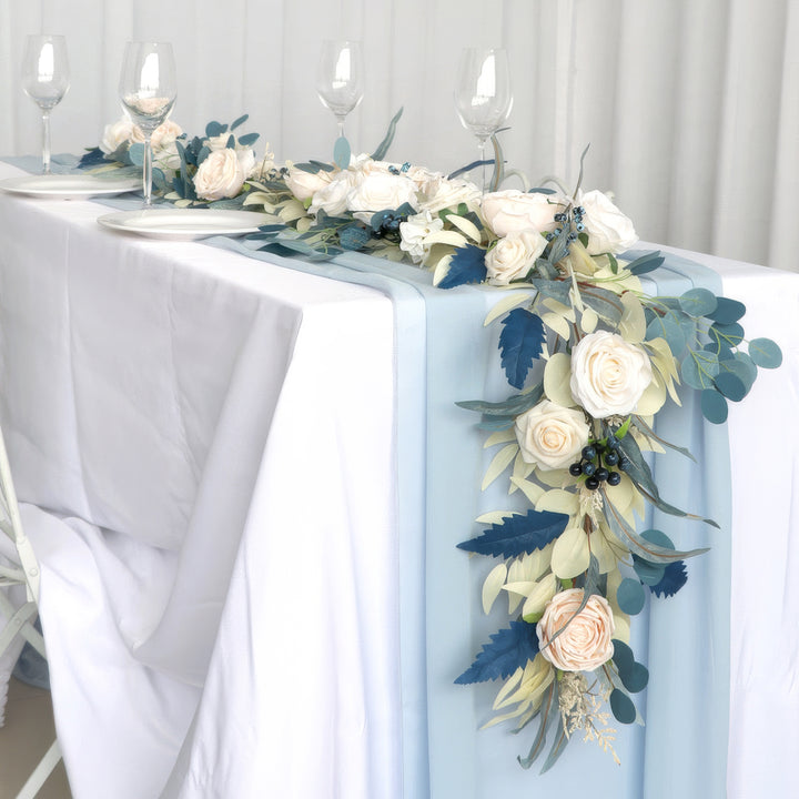 6ft Head Table Flower Garland With Blush Rose & Dusty Blue Accents