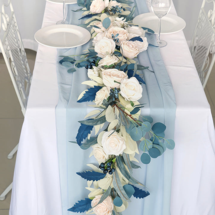 6ft Head Table Flower Garland With Blush Rose & Dusty Blue Accents