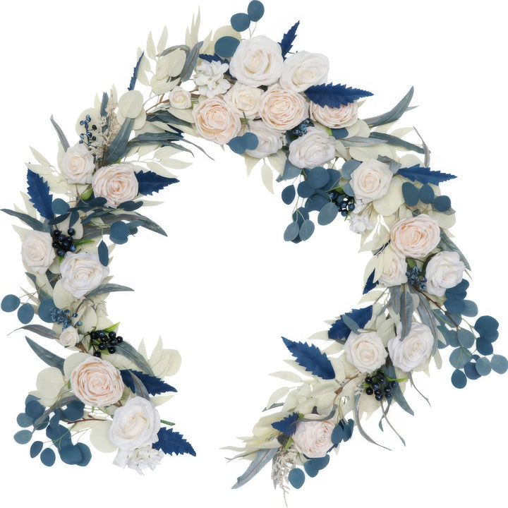 6ft Head Table Flower Garland With Blush Rose & Dusty Blue Accents