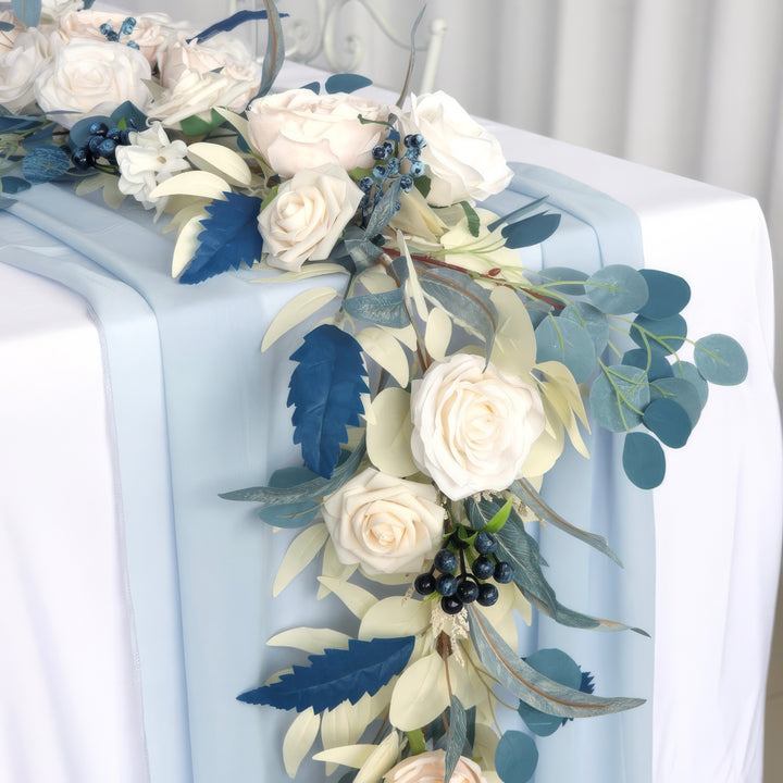 6ft Head Table Flower Garland With Blush Rose & Dusty Blue Accents