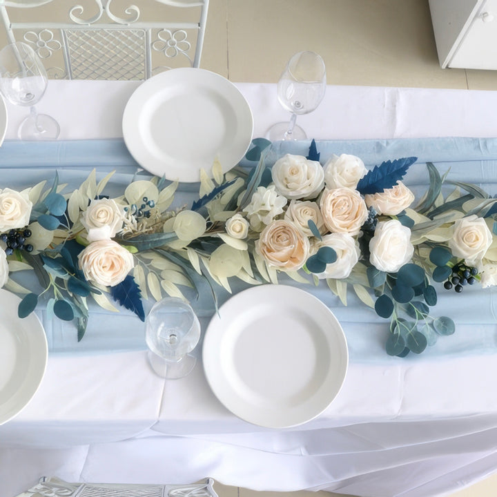 6ft Head Table Flower Garland With Blush Rose & Dusty Blue Accents