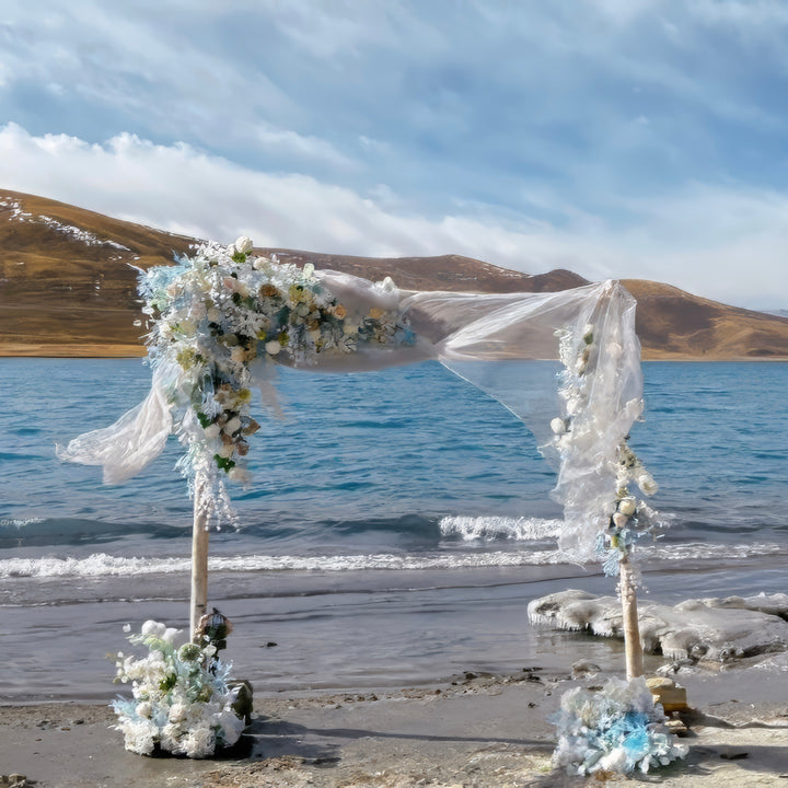 Dusty Blue & Ivory Wedding Arch Decor With Silk Roses & Floral