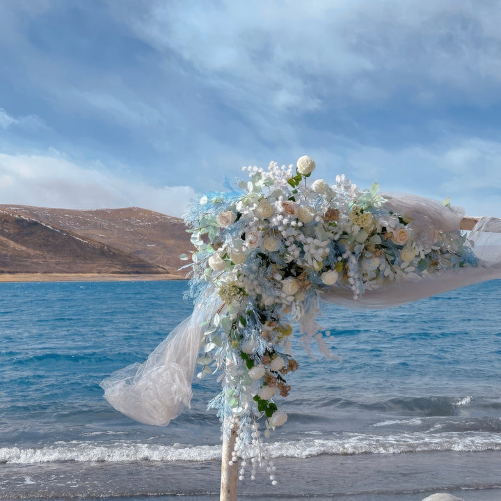 Dusty Blue & Ivory Wedding Arch Decor With Silk Roses & Floral