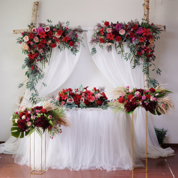 Deep Red Wedding Arch Decor With Silk Roses & Drape