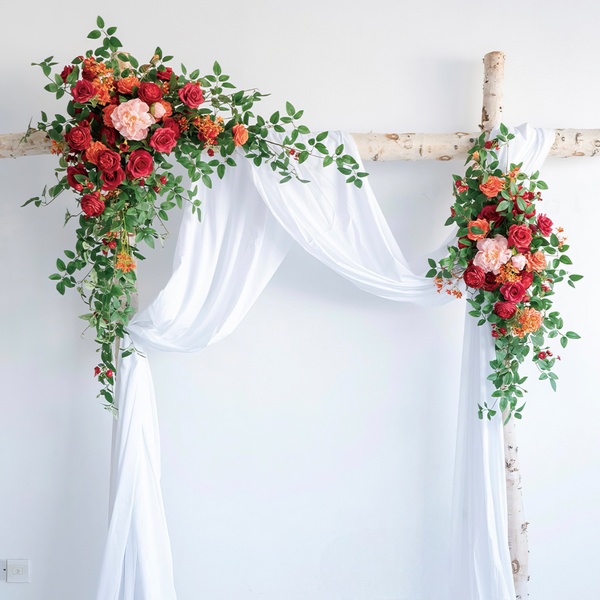 Lush Red & Orange Wedding Arch Decor With Silk Roses & Drape