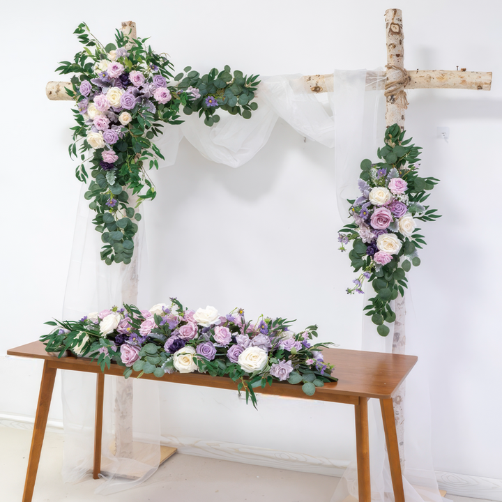 Lavender & Ivory Wedding Arch Decor With Silk Roses & Drape