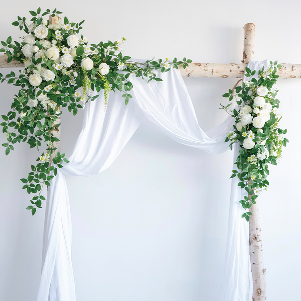 Pristine White & Ivory Wedding Arch Decor With Silk Roses & Drape