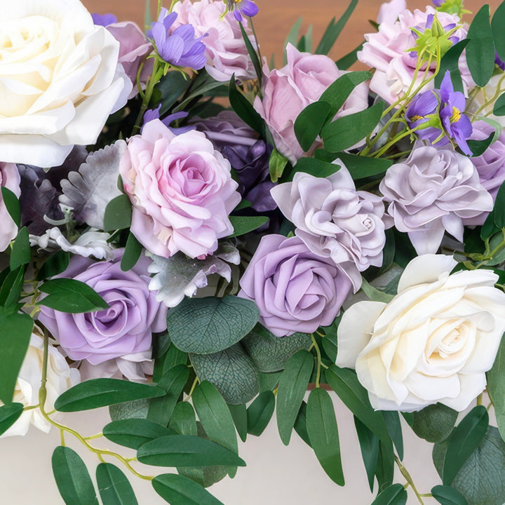 Lavender & Ivory Wedding Arch Decor With Silk Roses & Drape