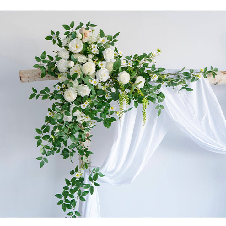 Pristine White & Ivory Wedding Arch Decor With Silk Roses & Drape