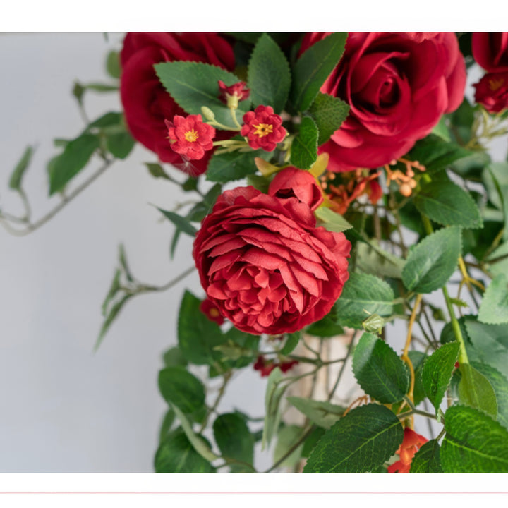 Lush Red & Orange Wedding Arch Decor With Silk Roses & Drape