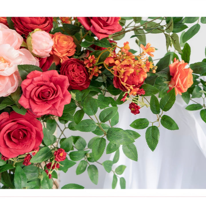 Lush Red & Orange Wedding Arch Decor With Silk Roses & Drape