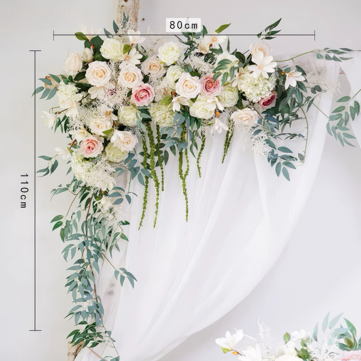 Soft Blush & Ivory Wedding Arch Decor With Silk Roses & Drape