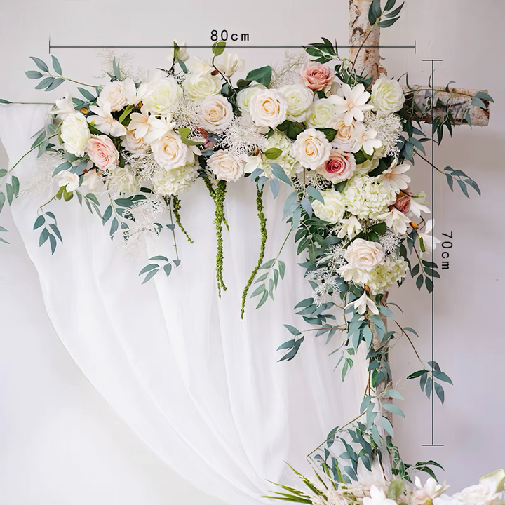 Soft Blush & Ivory Wedding Arch Decor With Silk Roses & Drape