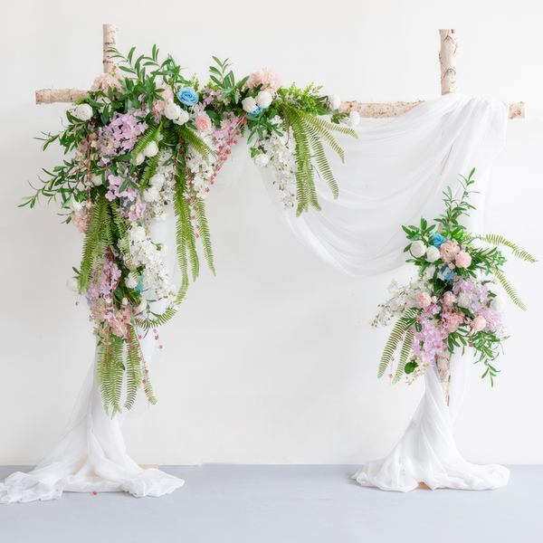 Lavender & White Wedding Arch Decor With Hanging Greenery