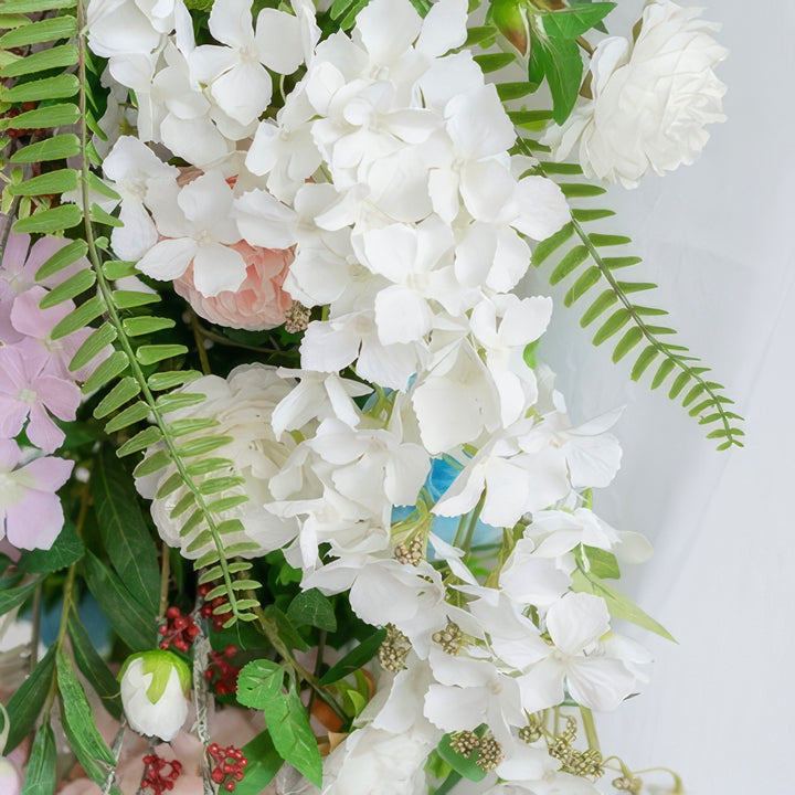 Lavender & White Wedding Arch Decor With Hanging Greenery