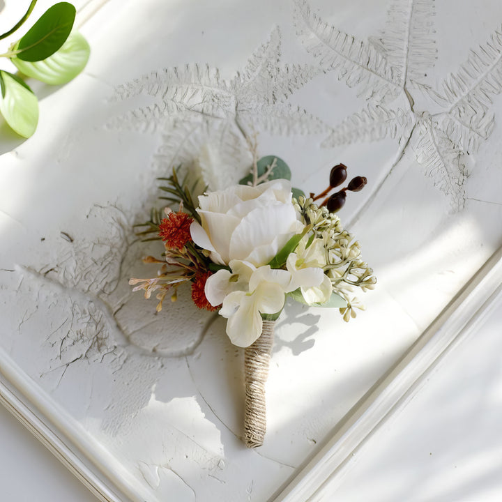 Ivory Rose and Rustic Greenery Boutonniere