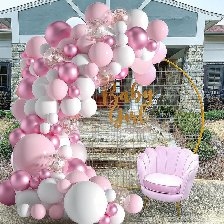 Adorable pink balloon garland with teddy bear for birthday party
