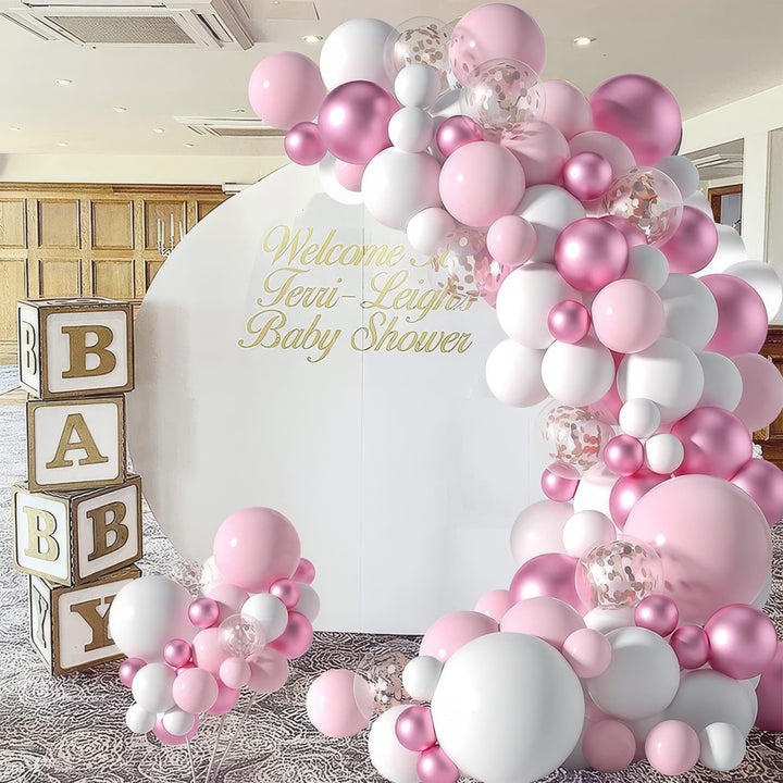 Balloon arch kit featuring pink, white, and confetti-filled balloons
