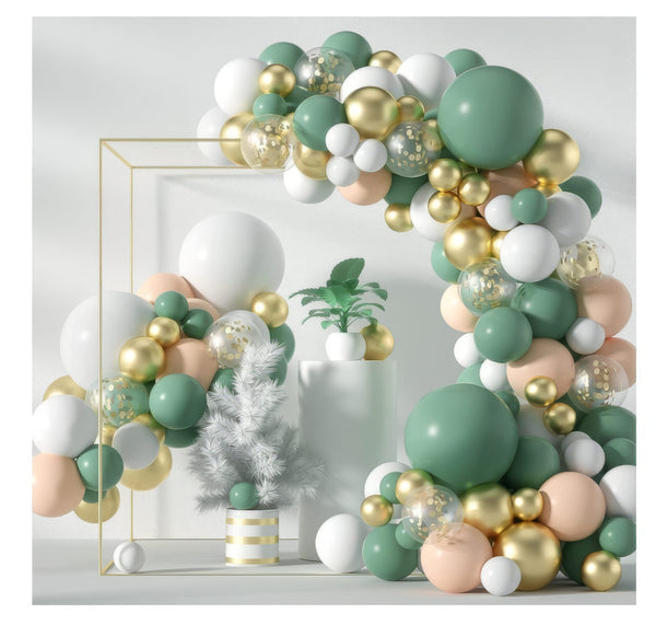 Green and gold balloon arch with peach accents for elegant event decor
