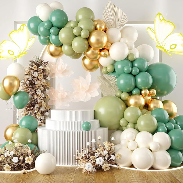 Elegant green and gold balloon arch with floral and butterfly accents for special events
