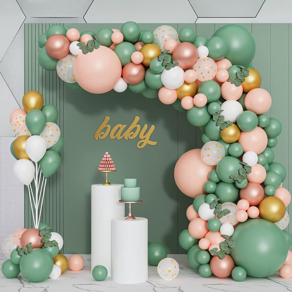 Peach and green balloon garland kit for baby showers
