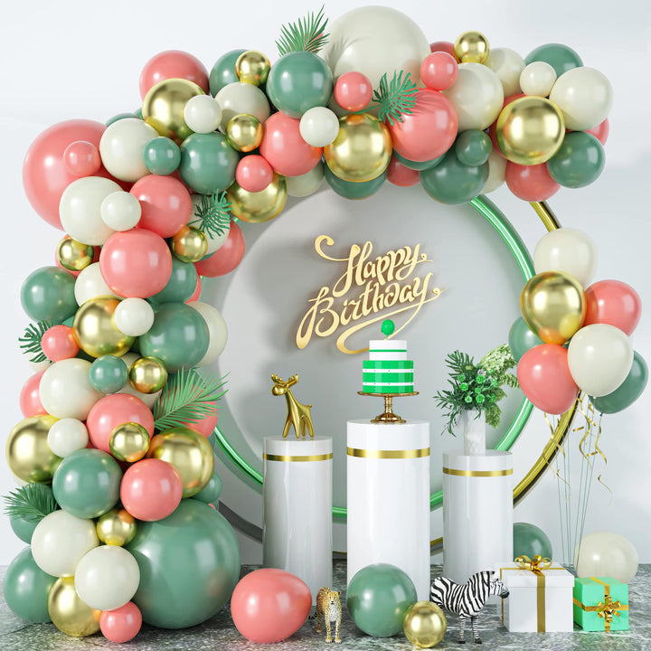 Elegant balloon garland in green, pink, cream, and gold
