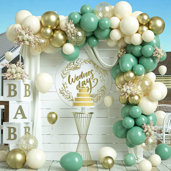 Chic green and gold balloon garland for baby showers
