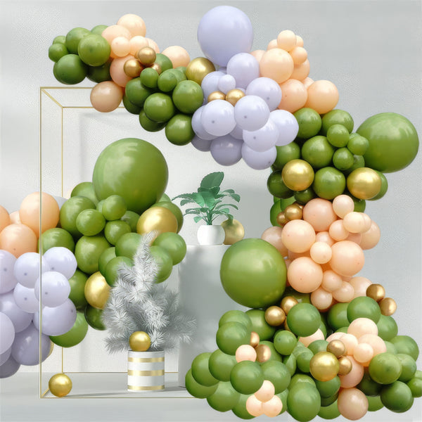 Green and peach balloon arch with lavender accents for elegant event decor
