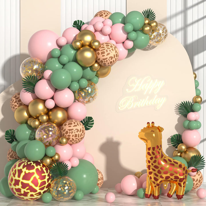 Balloon garland in green, pink, and gold with leopard and giraffe prints for a fun birthday party
