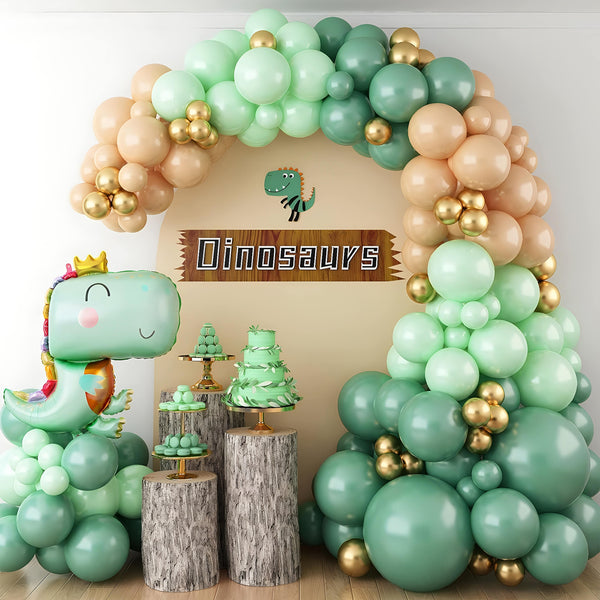 Dinosaur-themed green and gold balloon arch for kids' party
