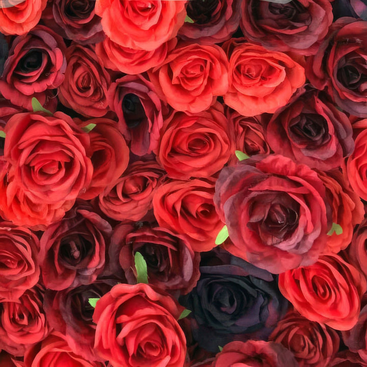 Dramatic floral wall backdrop featuring a blend of red and black roses.
