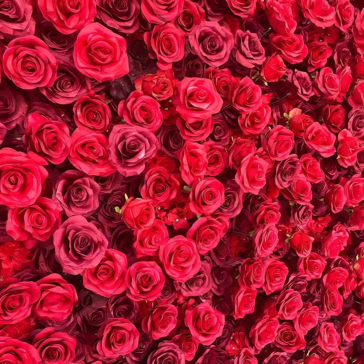 Elegant crimson rose flower wall backdrop for luxury weddings and events.