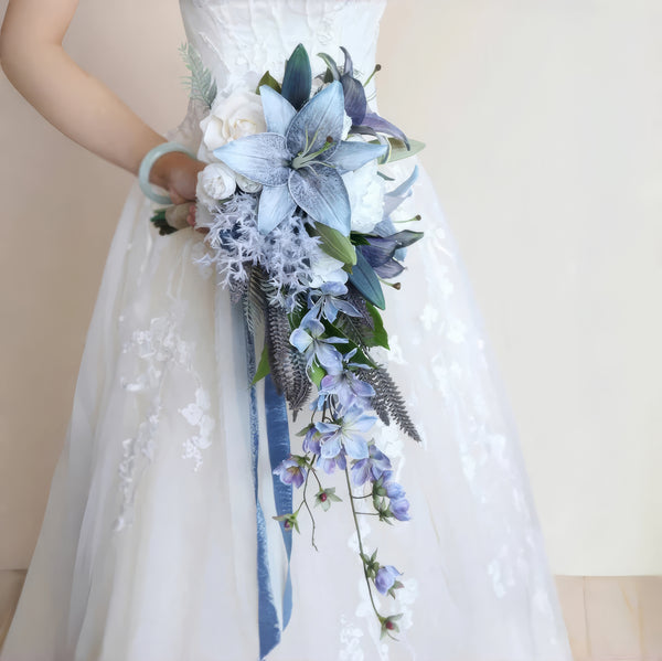 Dusty Blue and Lavender Cascade Bridal Bouquet