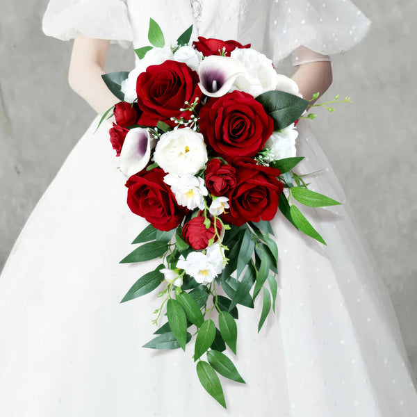 Deep Red & Pristine White Cascade Bridal Bouquet