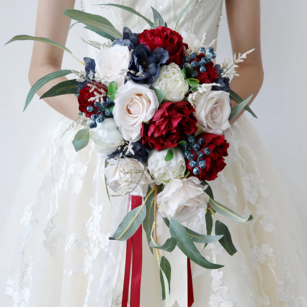 Red, Navy, and Cream Cascade Bridal Bouquet