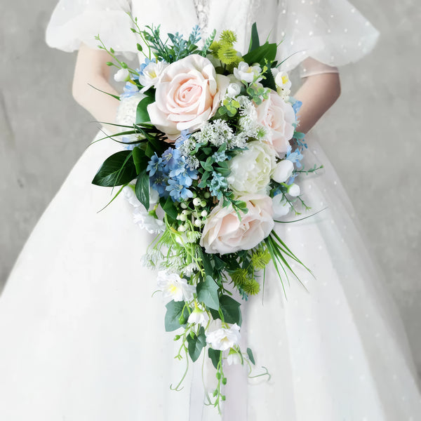 Medium Cascade Bridal Bouquet in Dusty Pink and Dusty Blue