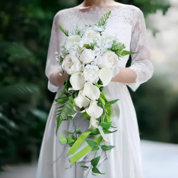 Medium Cascade Bridal Bouquet with Peonies, Roses, and Calla Lilies